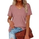 thumbnail image 1 of Camiseta de mujer simple con rayas verticales de corte holgado y manga corta con cuello en V de color puro para verano Rosa XL, 1 of 6