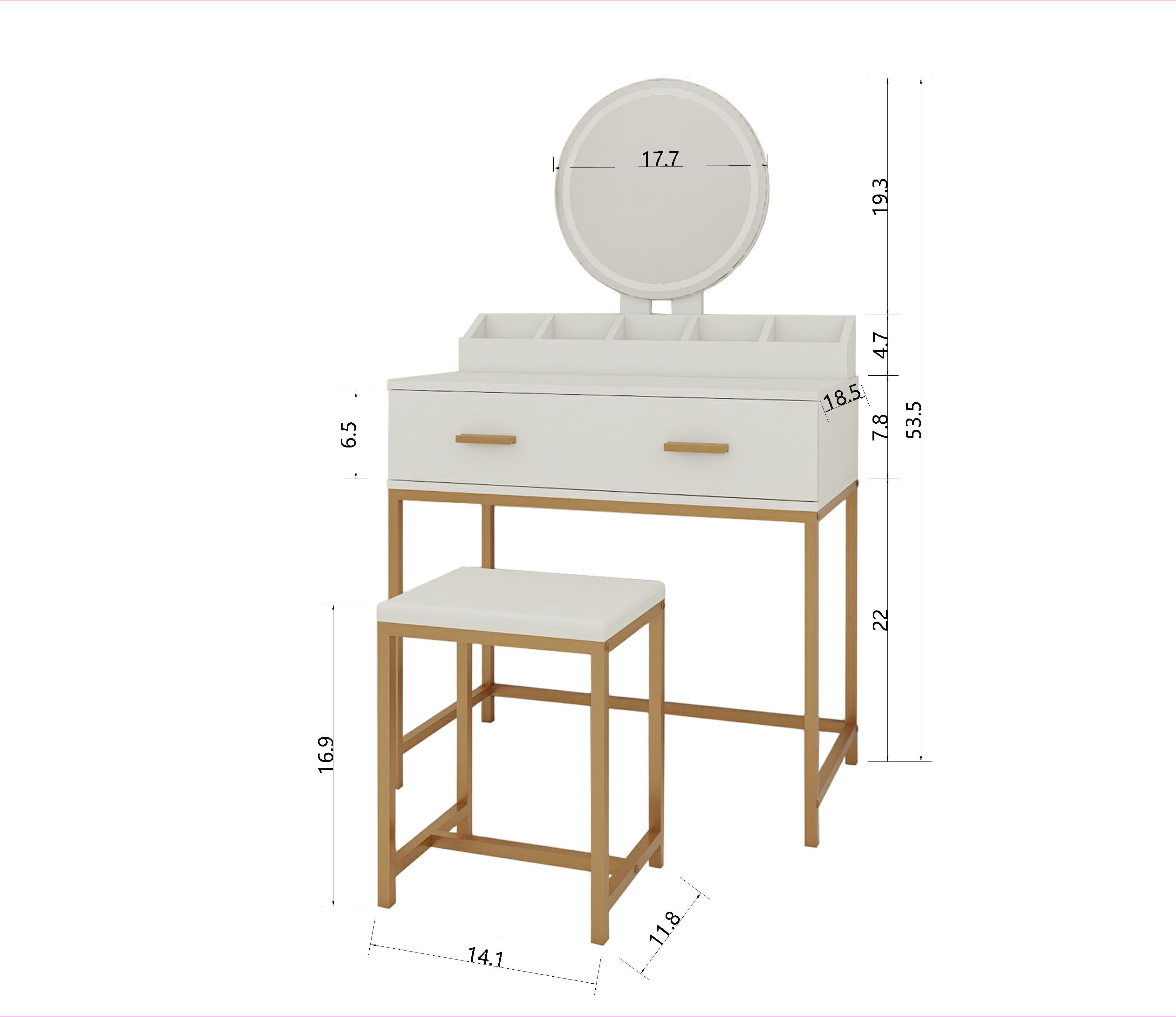 Makeup Vanity Set with Mirror, Stool and Storage Drawers, White and Gold Space-Saving Design for Small Bedrooms, 31.5"x18.5"x53.5"