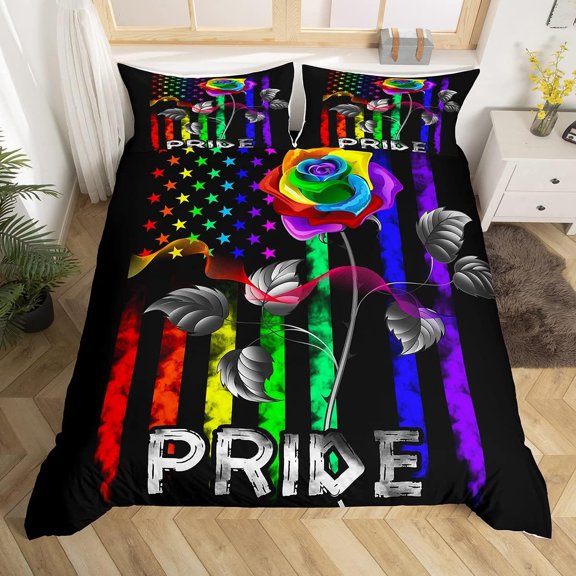 YST Pride American Flag Duvet Cover for Women,Rainbow Stripes Bedding Set,Pride Theme Comforter Cover for LGBT Gift Room Decor,Watercolor Neon Rose Flower Quilt Cover with 2 Pillowcases,King