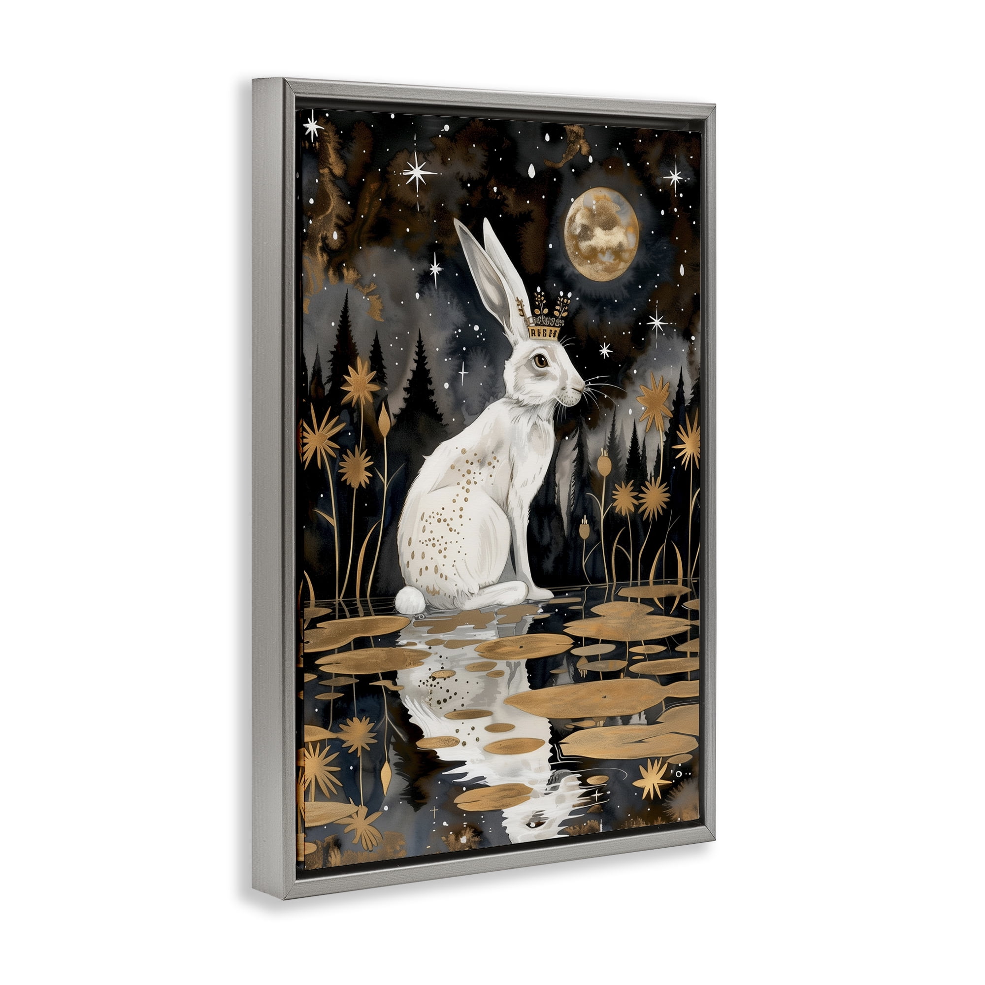 Stupell Industries Regal Rabbit Moonlight Animals & Insects Painting Gray Floater Framed Art Print Wall Art, 21 x 31