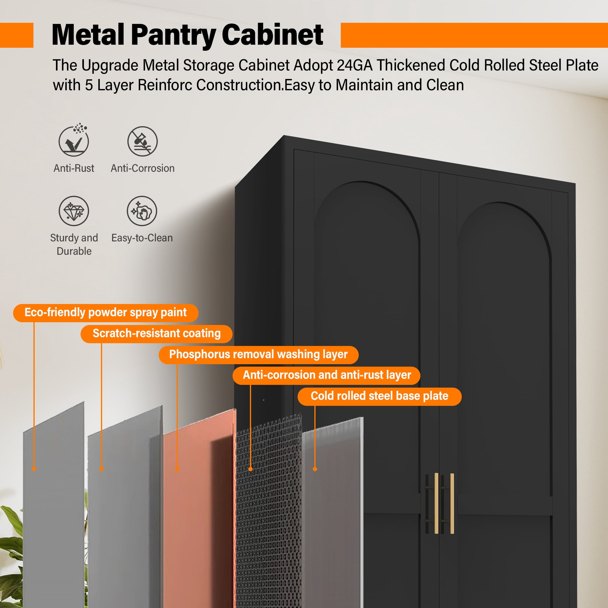 Aukfa 71" Tall Metal Pantry Cabinet,Kitchen Storage Cabinet with Adjustable Shelves for Kitchen/Dining Room/Living Room, Black