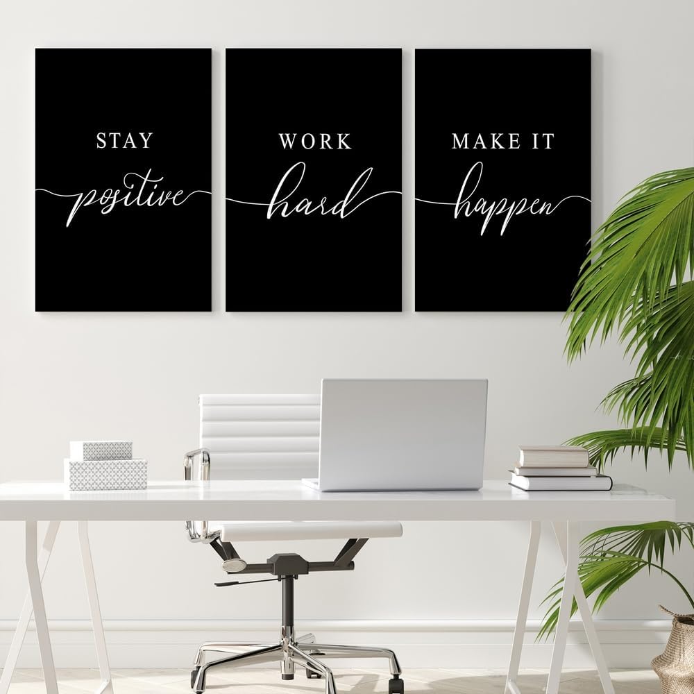 GUBIYU Motivational Wall Art Office Decor 3 PCS Positive Quotes Wall Decor for Office Stay Positive Work Hard Make It Happen Wall Art Office Pictures Inspirational Posters Black Art Wall Decor 12"x16"