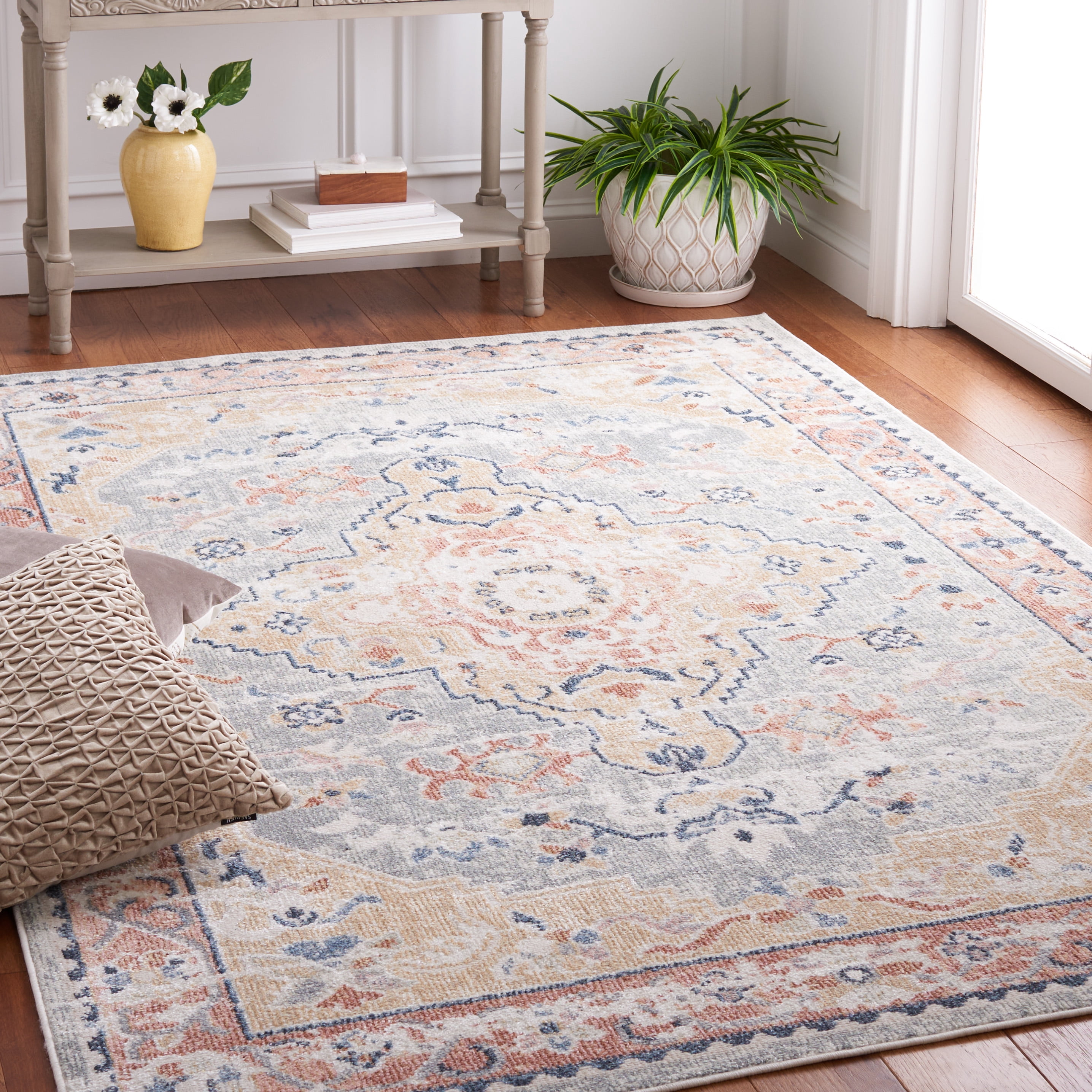 SAFAVIEH Bayside Rudy Oriental Polyester Machine Washable Area Rug, Sage/Gold, 4' x 6'