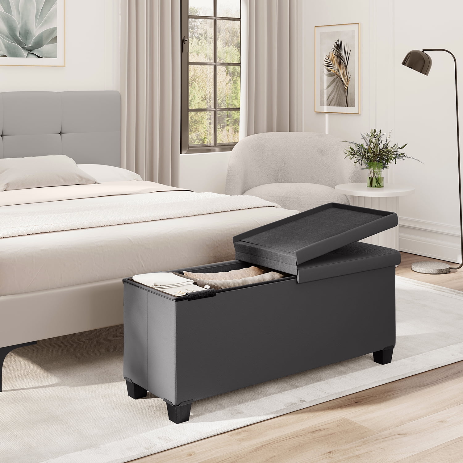 StorageBud Ottoman with Storage Bench, 43-inch Storage Ottoman, Leather, Gray