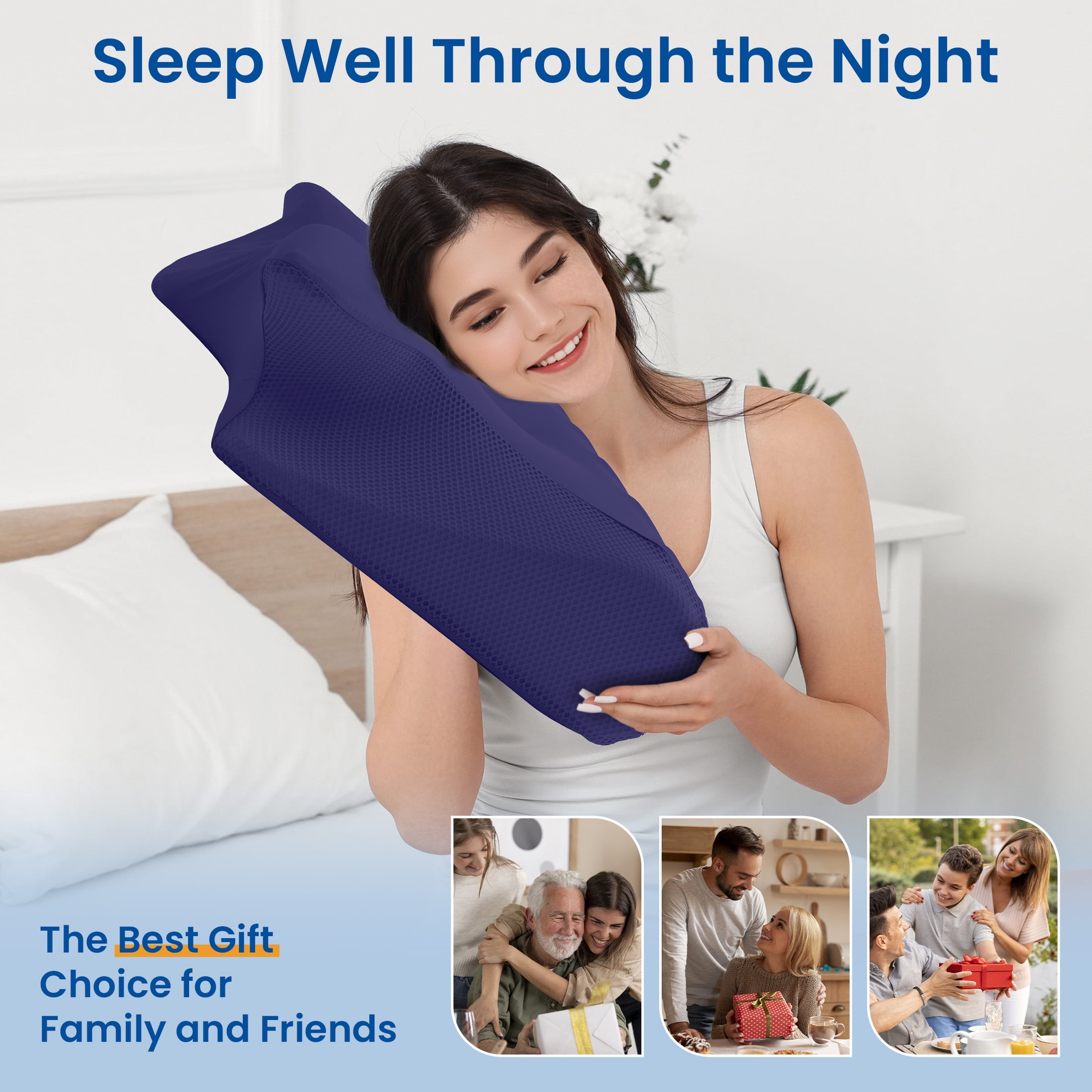 Vccoem Cervical Pillow for Neck Pain Relief, Ergonomic Hollow Design, Odorless Memory Foam Pillow for Sleeping, Orthopedic Contour Neck Support Pillows with Additional Pillowcase, Dark Blue