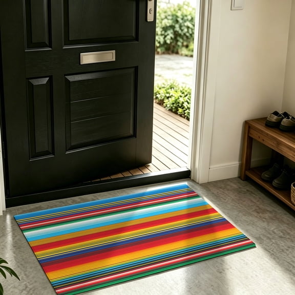 Front Door Mat Indoor Outdoor Mexican Colorful Stripe Non-Slip Doormat Low Profile Patio Porch Entryway Rug 16x24in