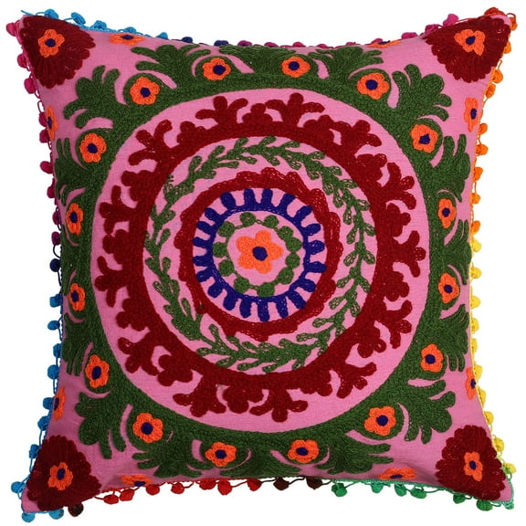 Stylo Culture Indian Settee Sofa Throw Pillow Cover 17 x 17 Pom Pom Lace Pink Green Elegant 43cm x 43cm Embroidered Suzani Cotton Floral Square Cushion Cover | 1 Pc