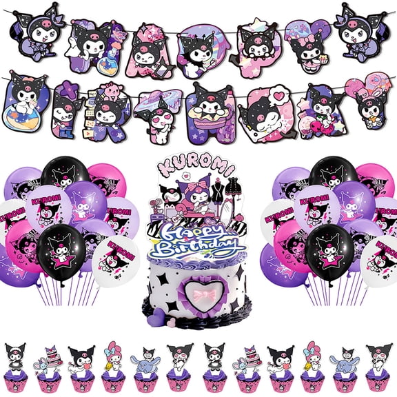 30Pcs/Set Purple Kuromi Theme Birthday Party Decorations, Cute Celebration Banner Flag, Cartoon Birthday Cake Cards, Balloons Toys Set