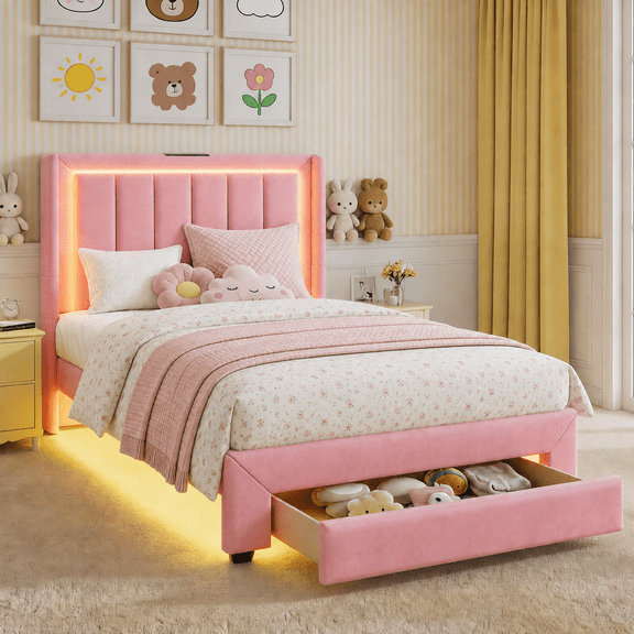 Twin Bed Frame with Motion Sensor Light, UHOMEPRO Upholstered Platform Bed with Charging Station and Wooden Storage Drawer, No Box Spring Needed, Pink