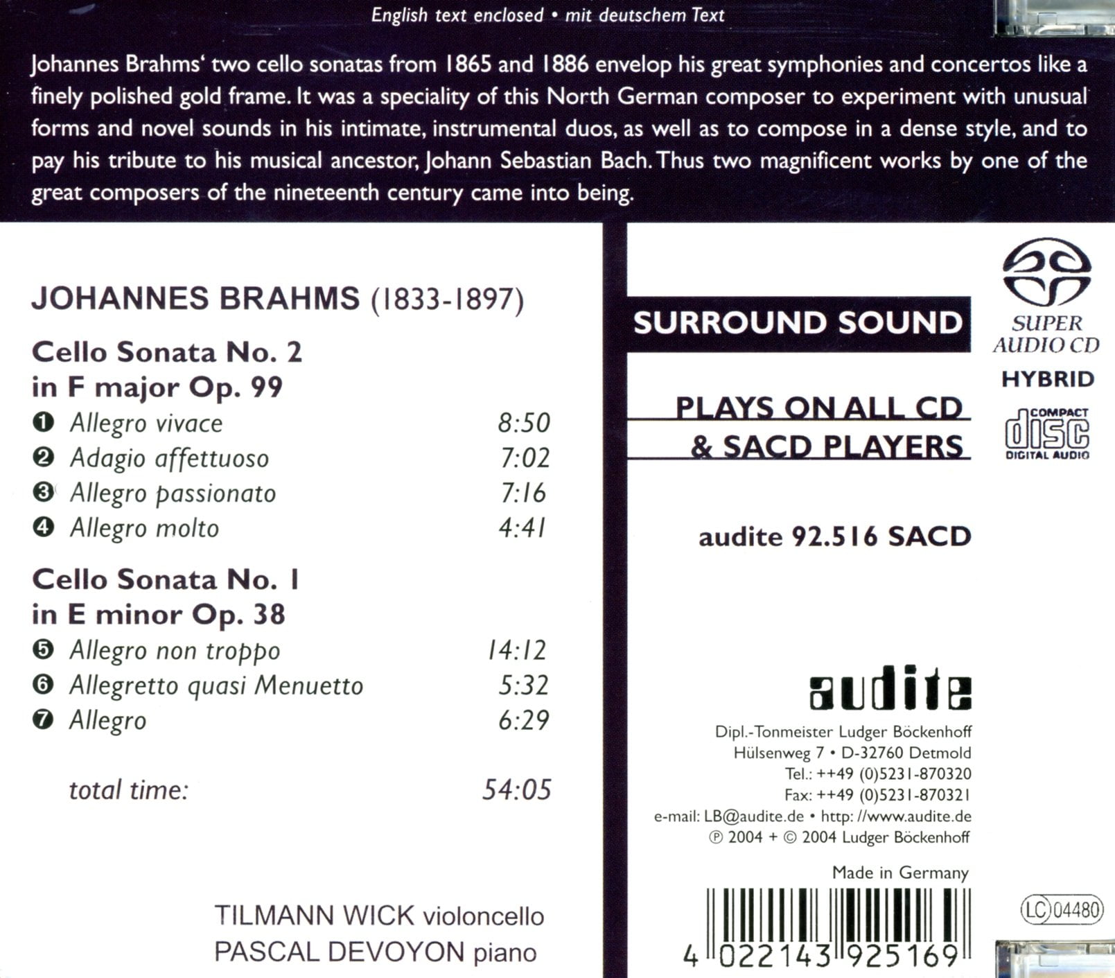 Tilmann Wick - Cello Sonatas - Music & Performance - SACD