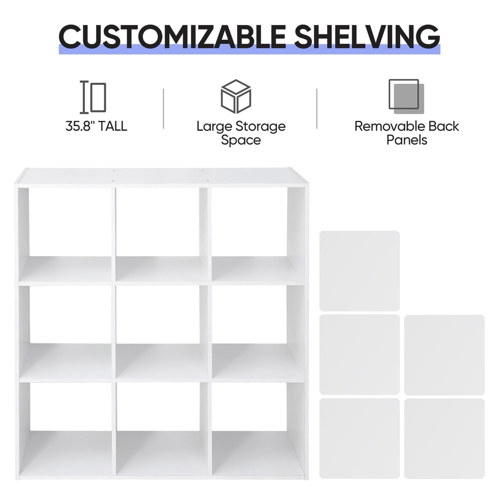 SONGMY 9-Cube White Storage Organizer Bookcase, Modern Bookshelf for Living Room, Home Office Display Shelf with Fabric Bins, Cube Storage Organizer Cabinet