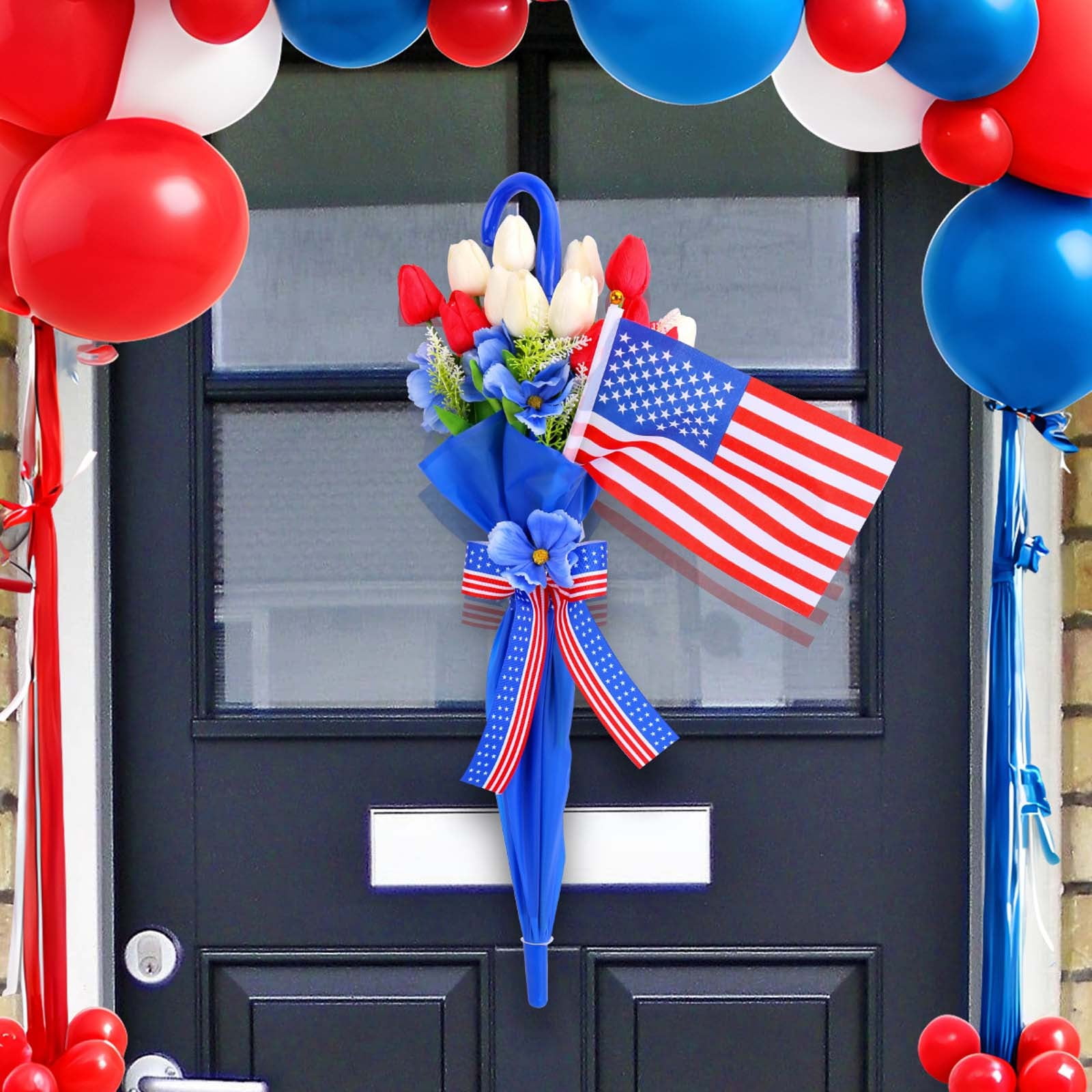 Qocolhg Patriotic Artificial Flower Bouquet for Front Door Decoration, Red, White Blue Tulip in Umbrella Wall Hanging Decor, Mixed Floral Arrangement for Memorial Day & 4th of July Table Centerpieces