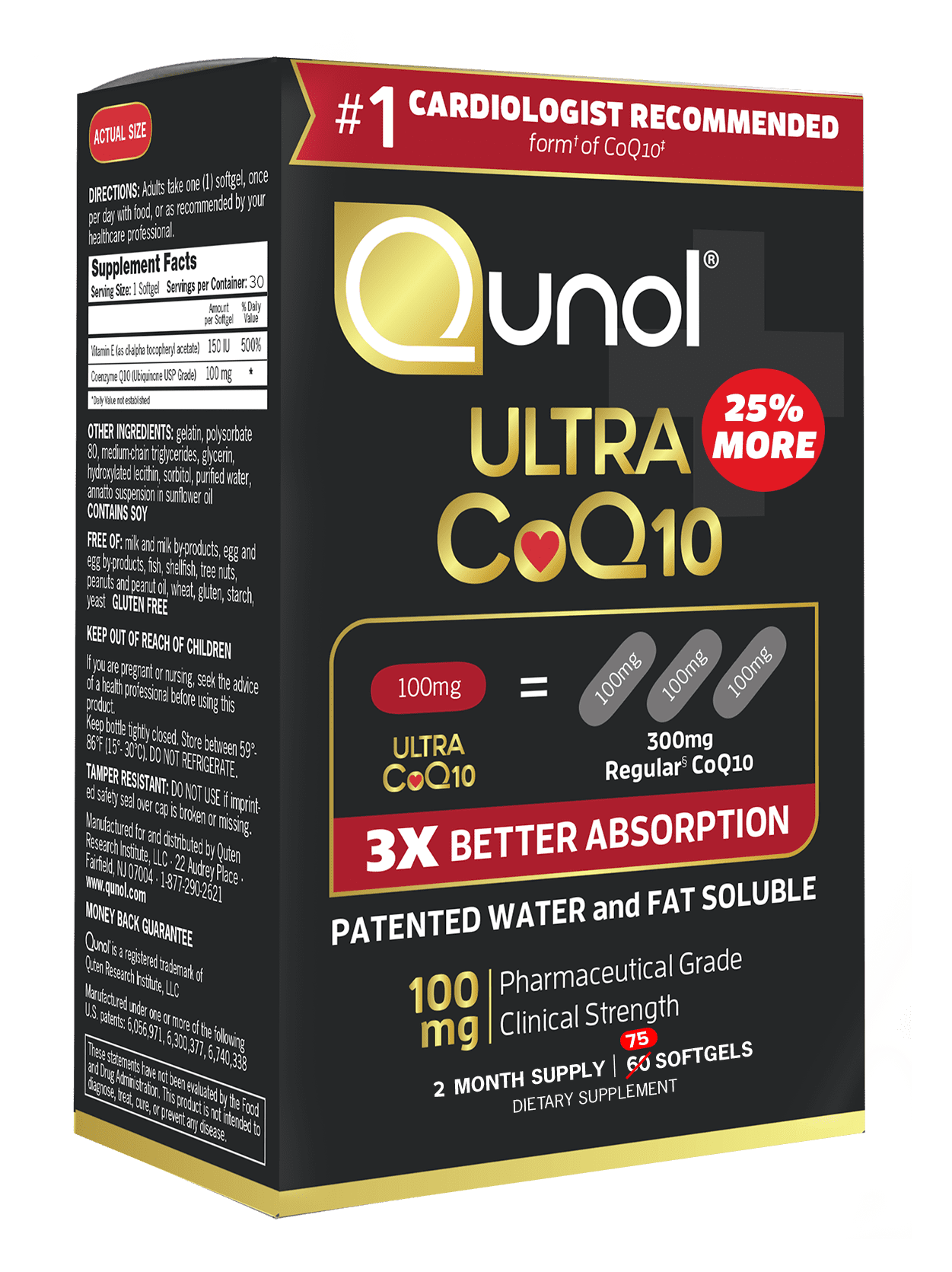 Qunol Ultra CoQ10 3X Better Absorption Patented Water  Fat Soluble, 100  mg, 75 Count - Walmart.com