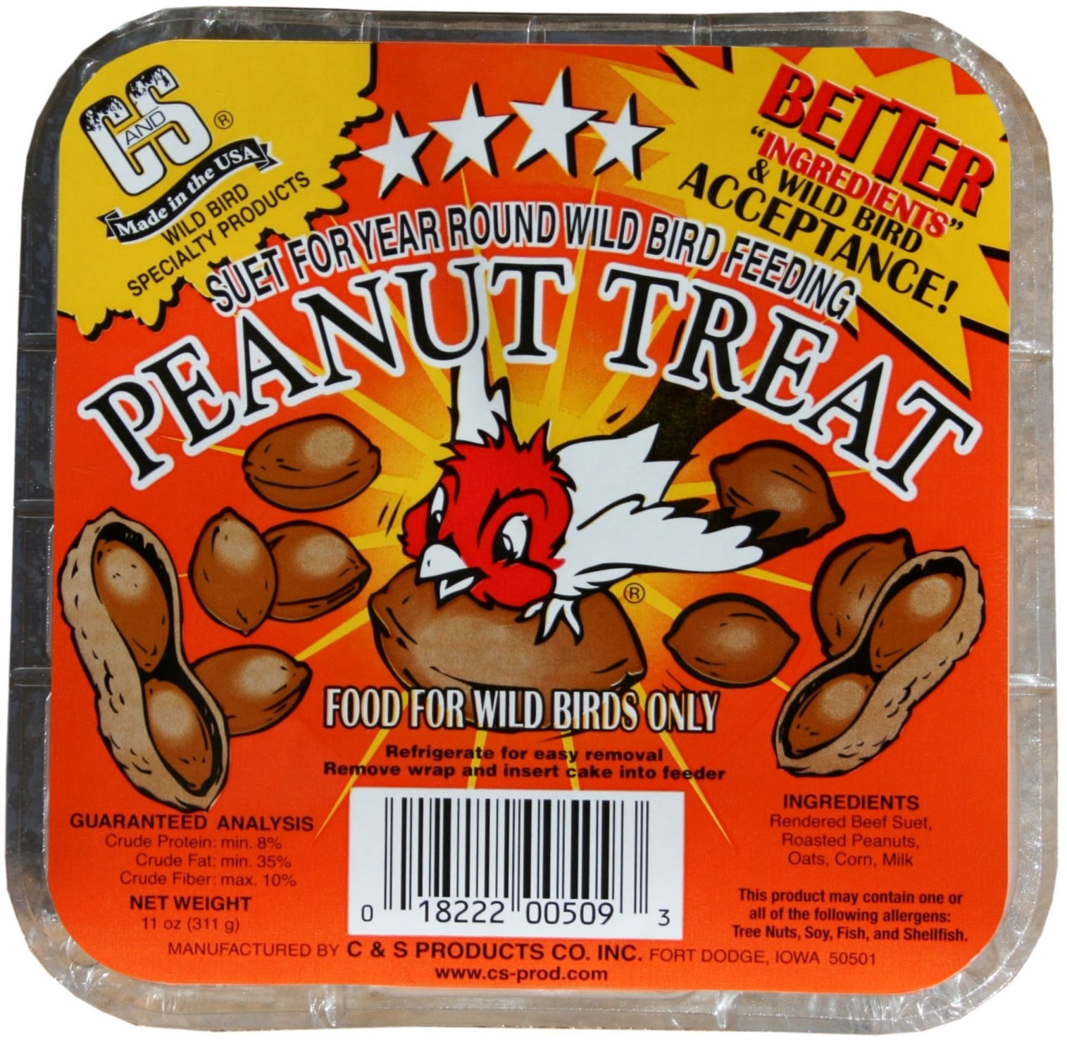 C&S Products Peanut Treat Suet, For Year Round Feeding, 11 oz Cake, Wild Bird Food