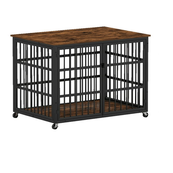 Furniture style dog crate wrought iron frame door with side openings, Rustic Brown, 43.3''W x 29.9''D x 33.5''H.