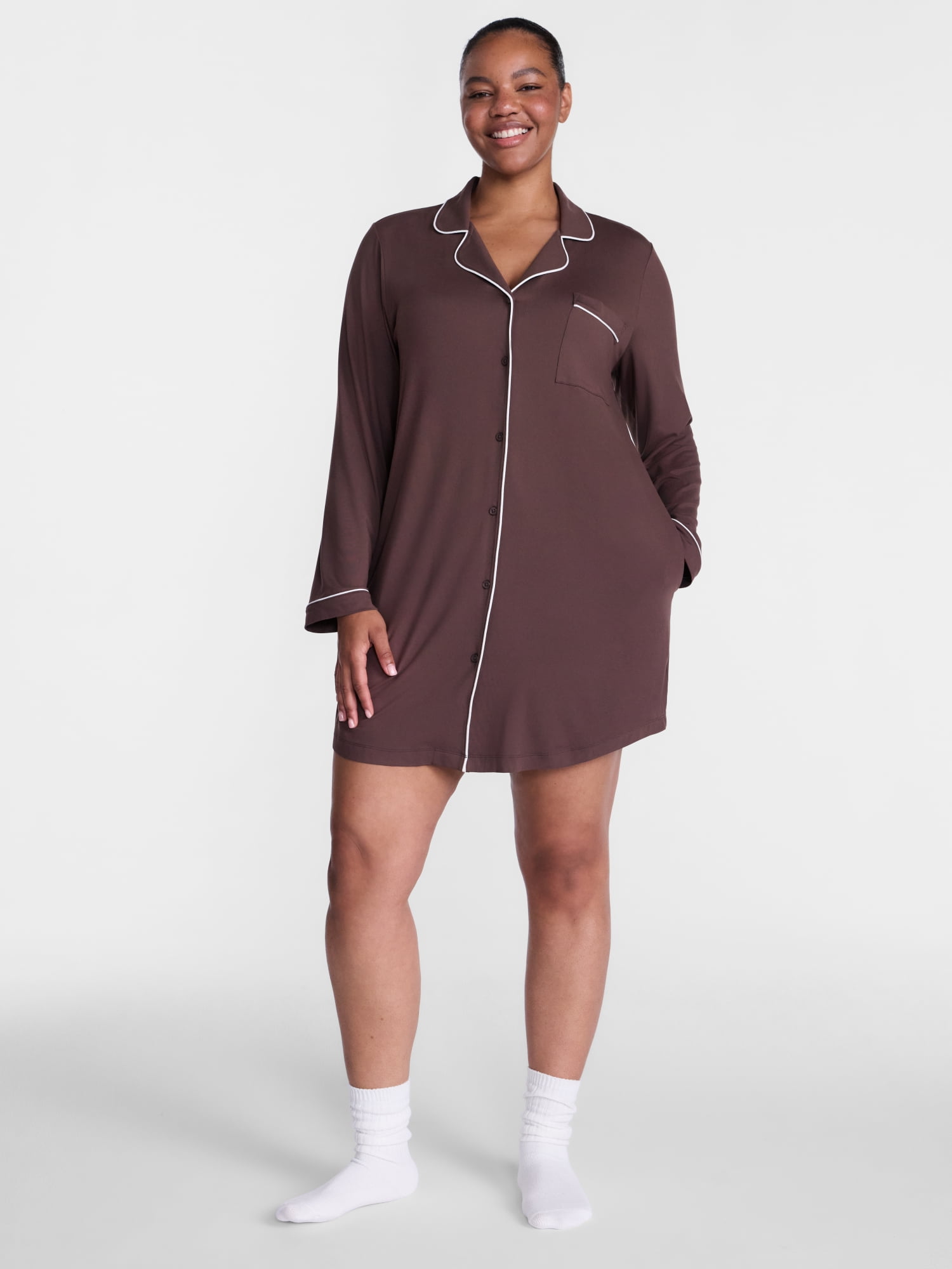 Joyspun Women's Dreamy Soft Collection Notch Collar Sleepshirt with Long Sleeves, Sizes XS-3X