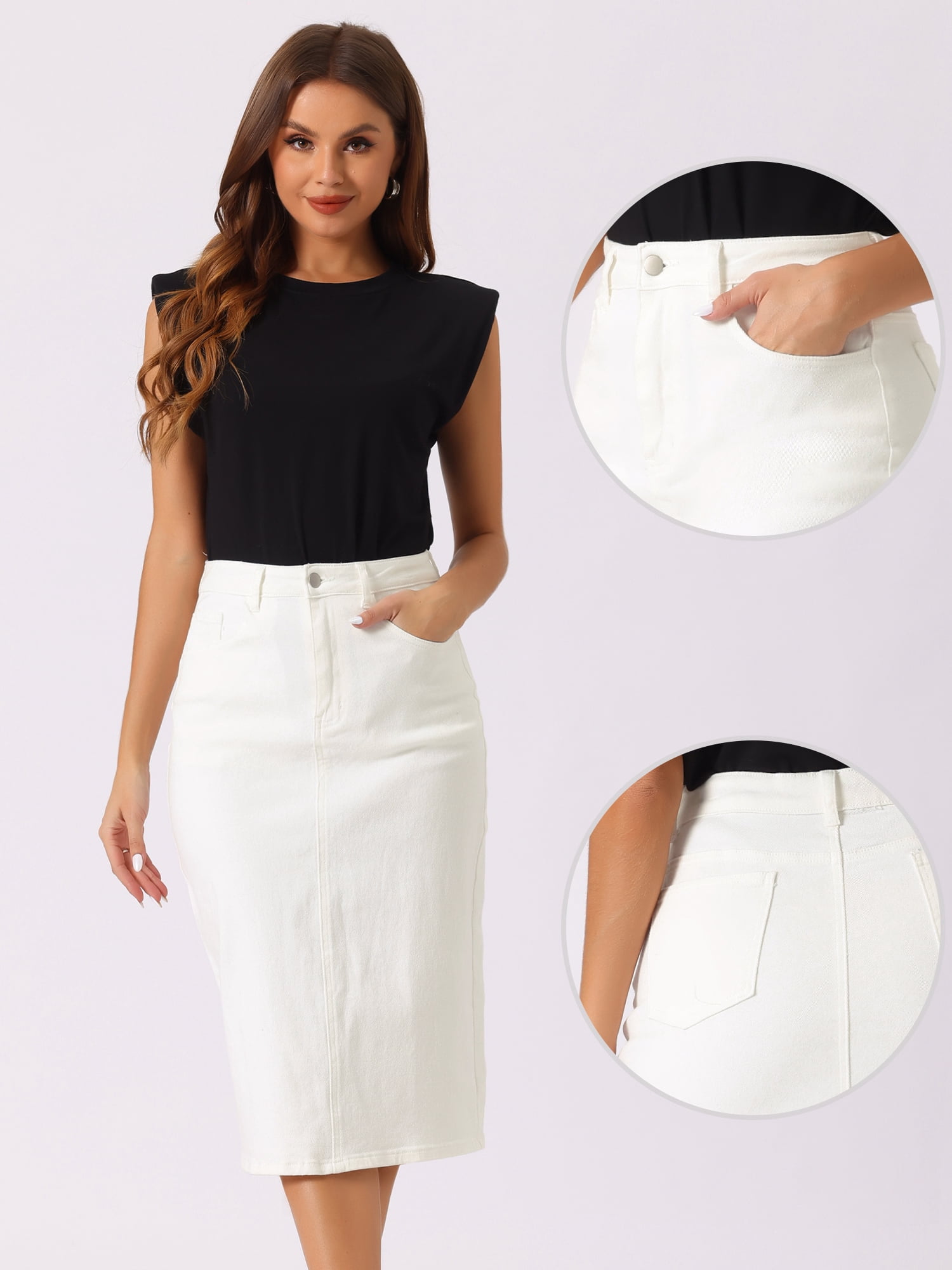 DARING DIVA Women's Zipped and Button Denim Split Back Pockets Midi Jean Skirts S Cream White