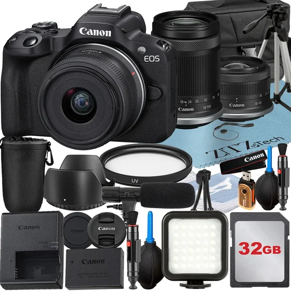 Canon EOS R50 Mirrorless Camera with RF-S 18-45mm + 18-150mm Lens + 32GB Memory Card + Case + LED Flash + ZeeTech Accessory Bundle