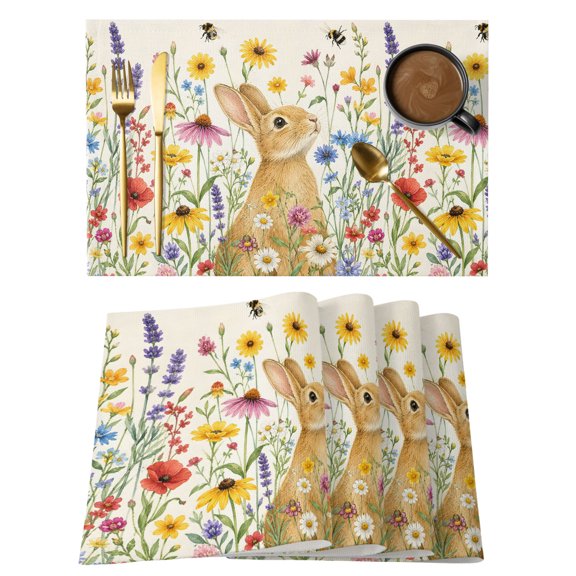Rabbit Placemats Set of 1, Wildflowers Lavender Daisy Easter Rustic Non-Slip Place Mats Washable Table Mats for Kitchen Dining Table Decorations Indoor/Outdoor