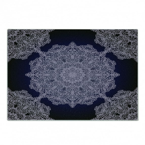 Purple Mandala Cutting Board, Bohemian Floral Pattern with Continuous Round Mandalas Concept, Decorative Tempered Glass Cutting and Serving Board, Small Size, Pale Mauve and Indigo, by Ambesonne