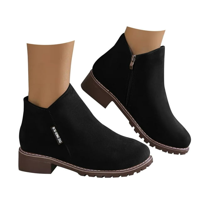 Leozcaa Bottines pour Femmes à Talons Bas Épais Bout Amande avec Fermeture Éclair en Daim Chaussures d'Automne