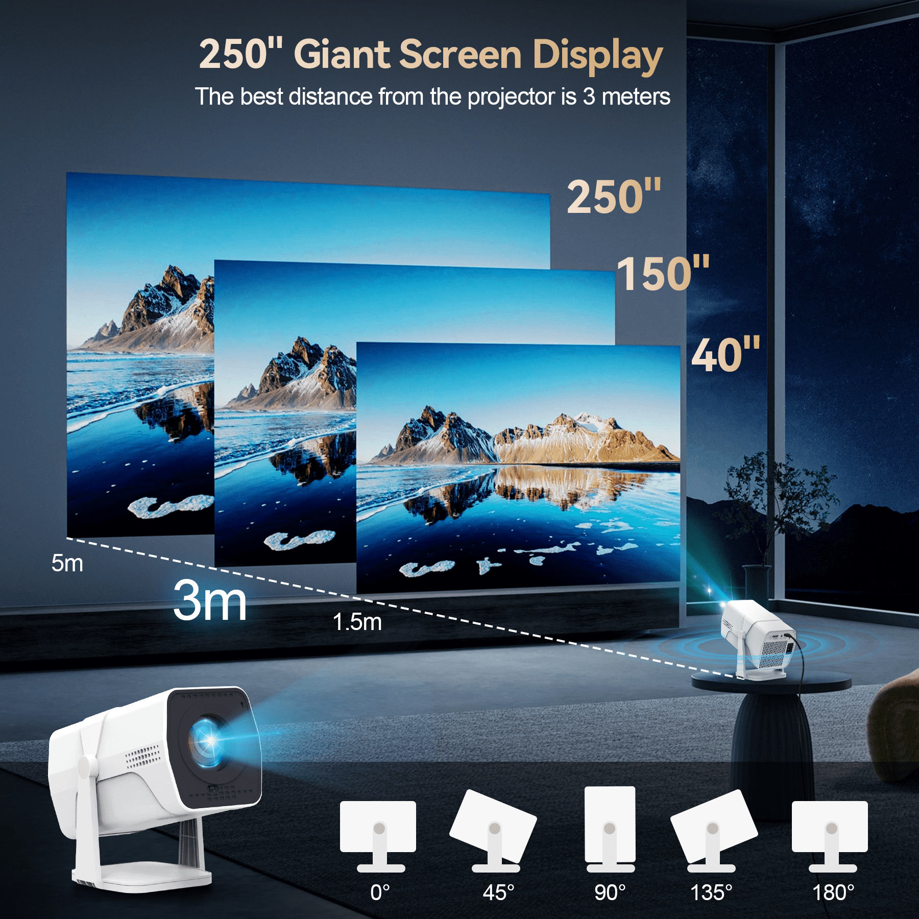 GCZ Smart Projector 4K Support, 1080P Portable Mini Projector with WiFi and Bluetooth, 180° Rotatable Outdoor Movie Projector for Home Theater/Party