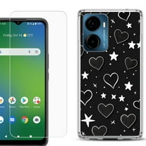 For AT&T Propel 2 5G Phone Case Cover, Shockproof Bumper Hybrid Case with Tempered Glass Screen Protector, by OneToughShield - Hearts n Stars