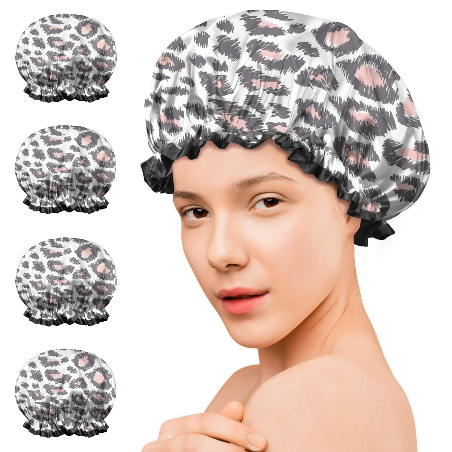 Shower Caps,White and Pink Of Leopard Print Waterproof Shower Cap for Women 4 Pieces,Double Reusable Hair Cover for Shower PEVA Elastic Stretch Hem