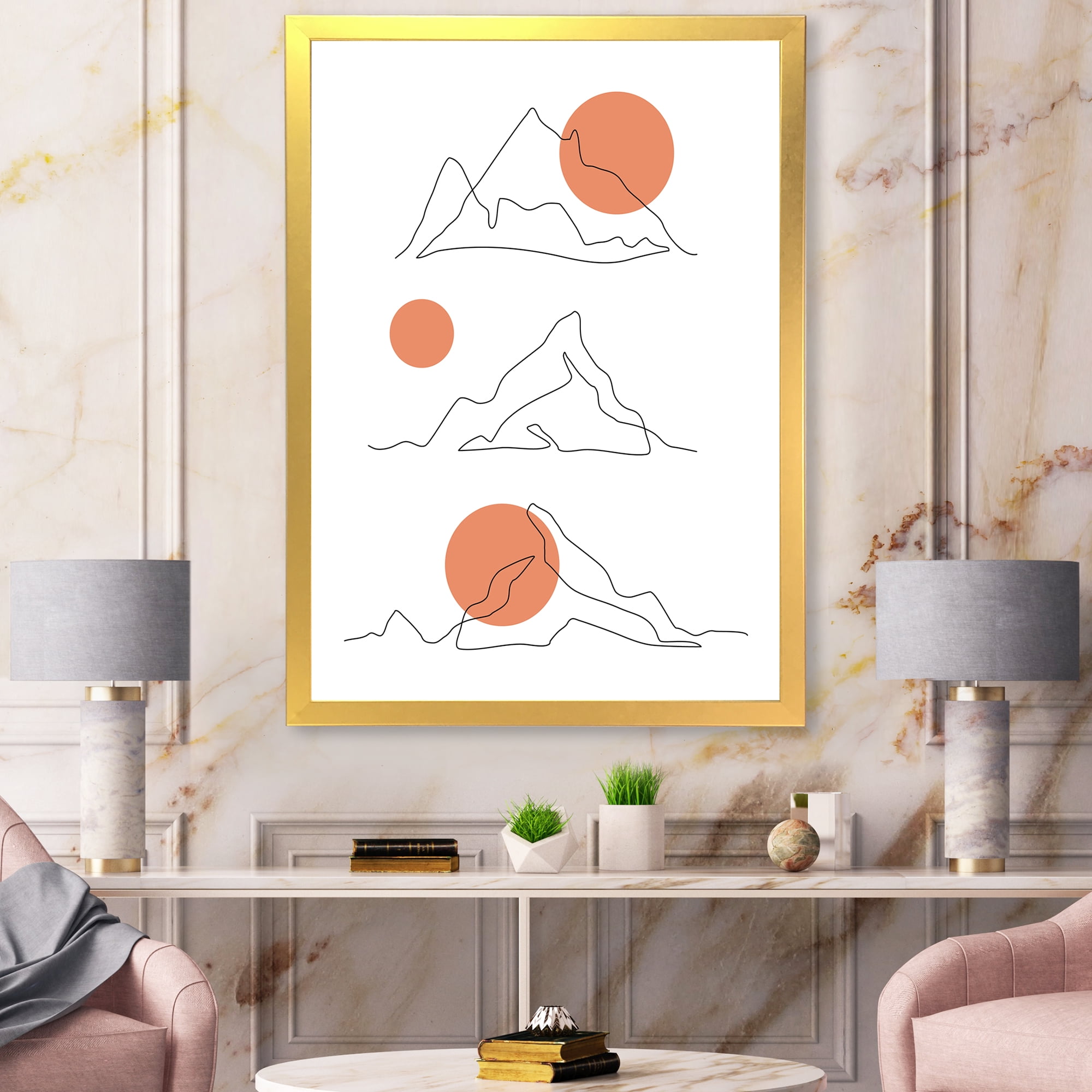 Designart 'Abstract Red Moons With Mountain Range' Modern Framed Art Print