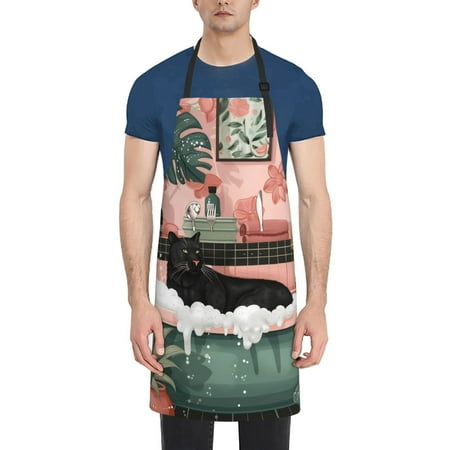

Tebeau Black Cat Pink Bathroom Print Waterproof Cooking Aprons Adjustable Bib Soft Chef Apron with 2 Pockets for Men Women