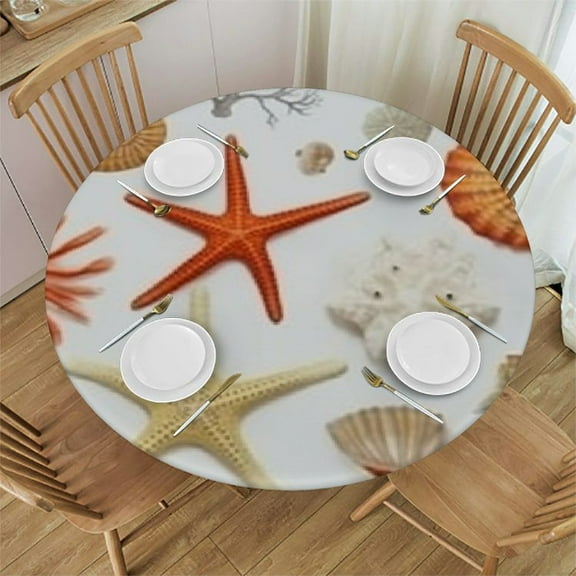 Burnt Orange Coastal Round Tablecloth, Fitted Table Cover with Elastic Starfish Nautical Table Cloth Outdoor Indoor Party Waterproof Tablecloths