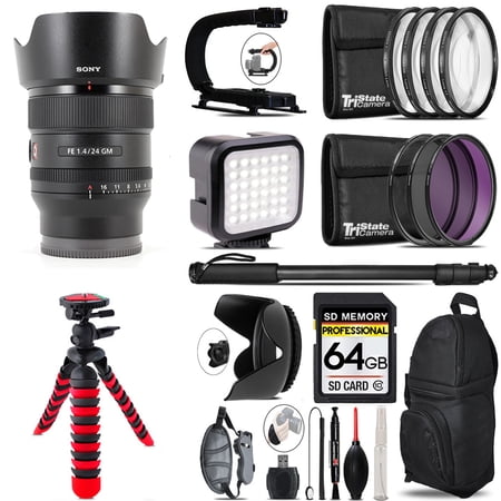 Sony FE 24mm f/1.4 GM Lens + LED Flash+ Bag - 64GB Accessory Bundle