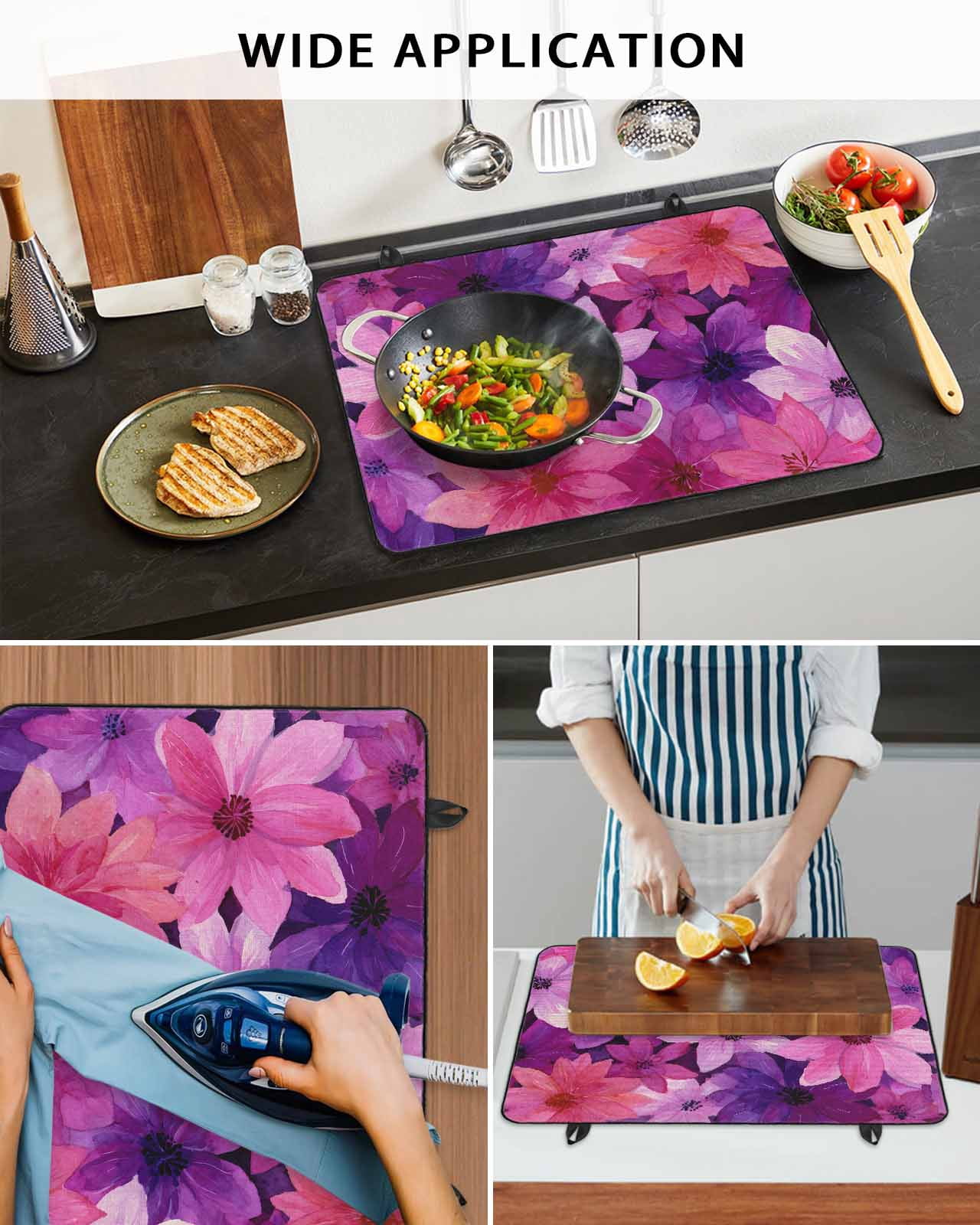Large Induction Cooktop Protector Mat Watercolor Flowers Stove Top Covers for Electric Stove, Spring Floral Vintage Pink Purple Decorative Stove Burner Cover Mats, Glass Top Stove Cover