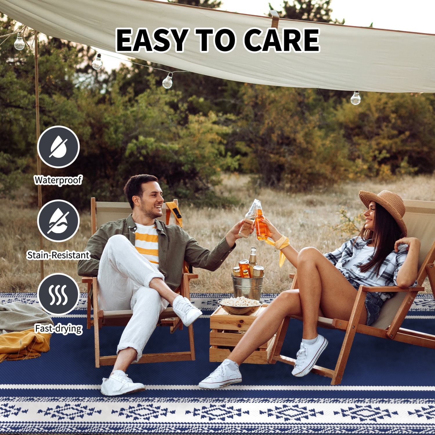 SIXHOME 5x8 Feet Waterproof Outdoor Rug - Reversible Blue & White Plastic Patio Mat, Non-Slip Durable Moroccan Geometric Design for Camping, RV, Balcony, Porch, Picnic