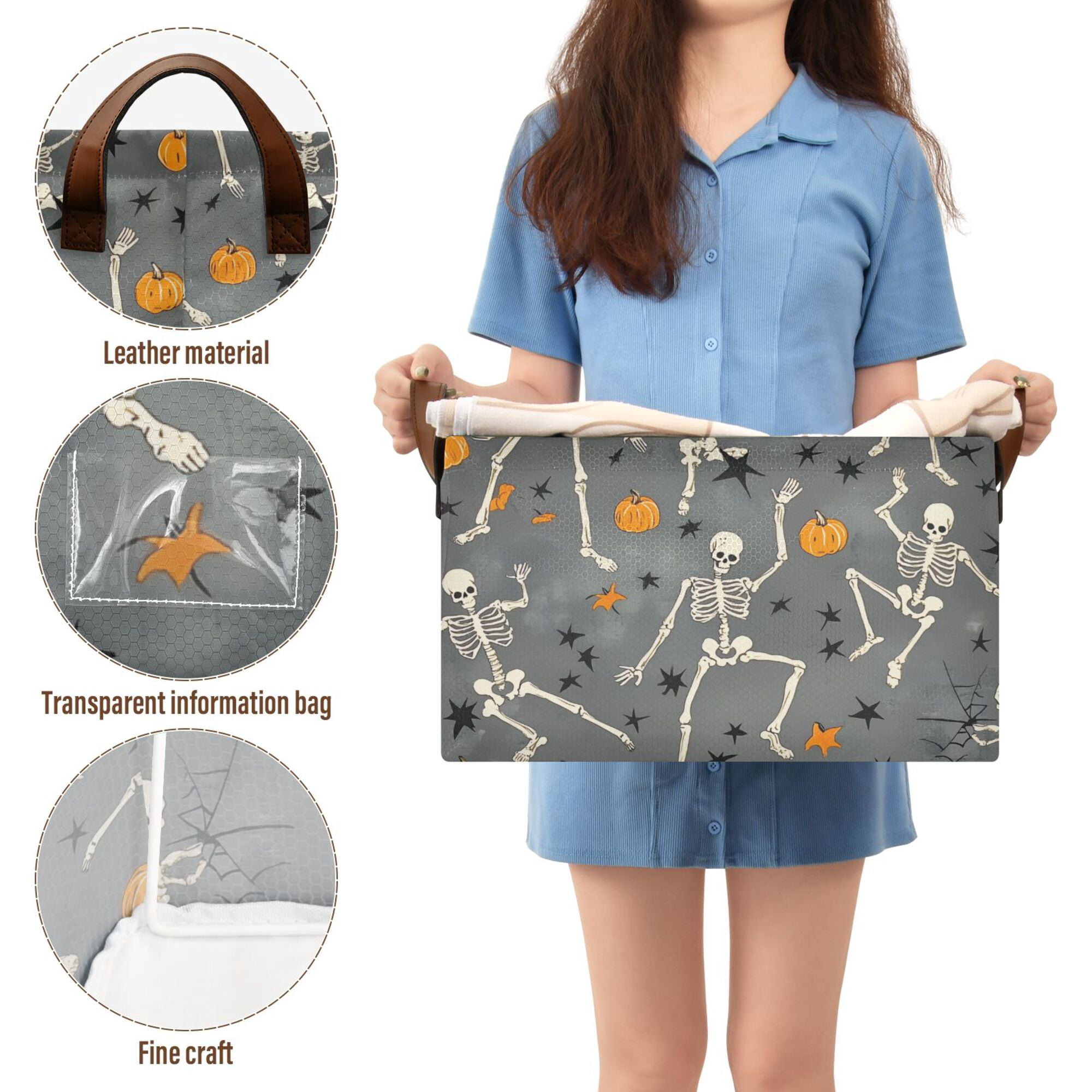 Yayeee Foldable Storage Basket for Shelves with Handles Waterproof Cloth Bins, Halloween Dancing Skeleton