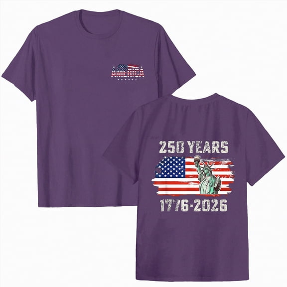 mgoYE 250 Anniversary USA Shirts Women Patriotic T-Shirts USA Flag Print Tee Front Back Embroidered Short Sleeve Shirt Women Tops 1776 2026 Purple M