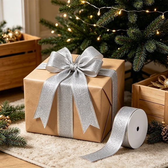 Christmas Wired Ribbon Roll, 354 Inch Holiday Ribbon for Gift Wrapping and Wreaths, Polyester with Metallic Edge, 1.5 Inch Wide - Silver