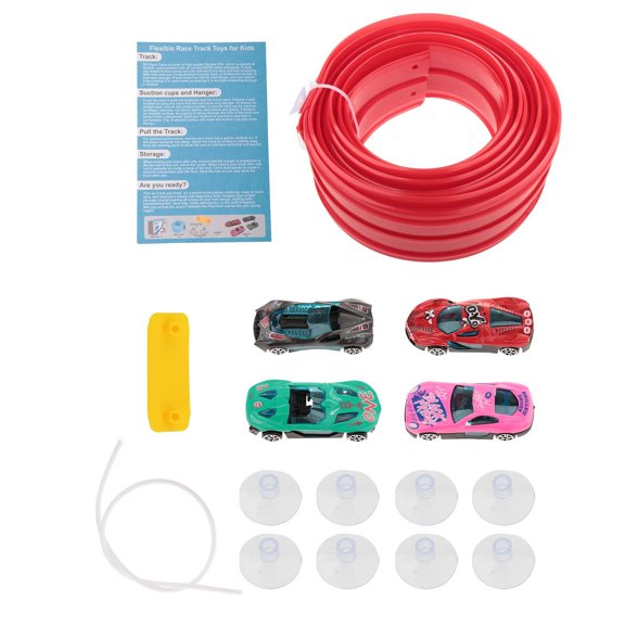 Rampa flexible para coches de 4,5 m con 4 coches de aleación, pista de física de doble carril (sin montaje), juguete para niños con ventosas fuertes. Rojo
