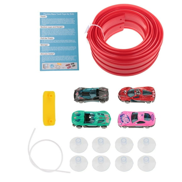 Pista flexible de 4,5 m con 4 minicoches de fundición a presión, pista de física de doble carril, ligera, multiusos con ventosas, juguete para niños. Rojo