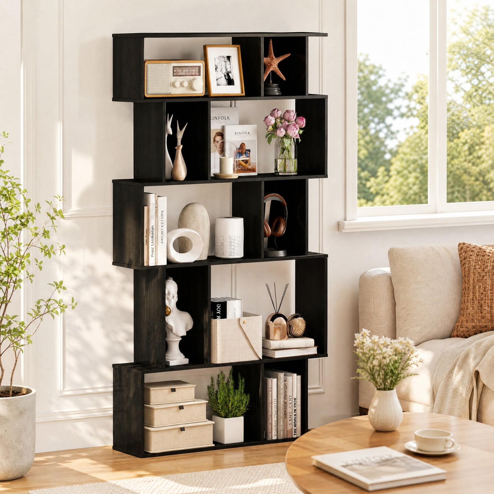 Furnibear Geometric Bookshelf 5-Tier Bookcase with Open Shelves and Closed-back Cubes for Living Room Home Office Bedroom Display Storage Shelf, Black