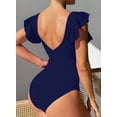 thumbnail image 4 of Cadmus Womens V Neck Ruffled One Piece Swimsuit Tummy Control Cutout Bathing Suits,2390, Blue，Medium, 4 of 6