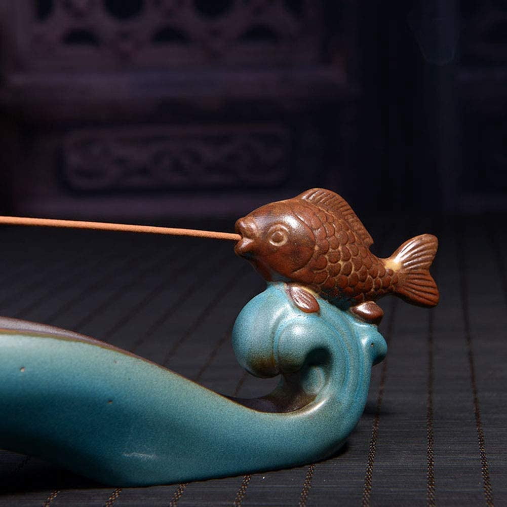 Cute Incense Holder Fish, Ceramic Incense Stick Holder Double Incense Burner, Funny Long Incense Ash Tray for Home Decoration, Yoga. Meditation, Tea