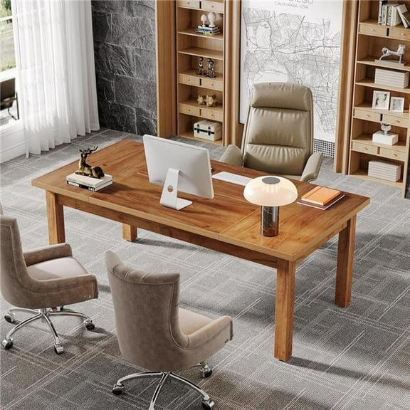 Emoottoo TB-F1879 70 in. Farmhouse Office Computer Desk with Solid Wood Legs - Large - Brown