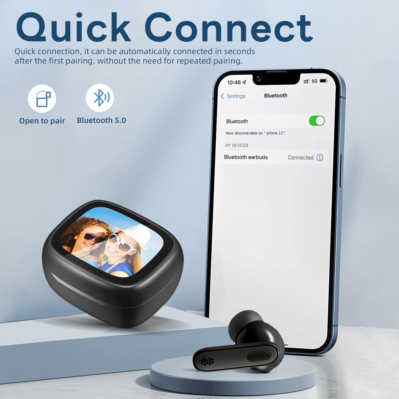 Wireless Earbuds, ENC Noise Cancelling Ear Buds with Smart Touchscreen Case, Bluetooth Headphones for Sports & Working, White