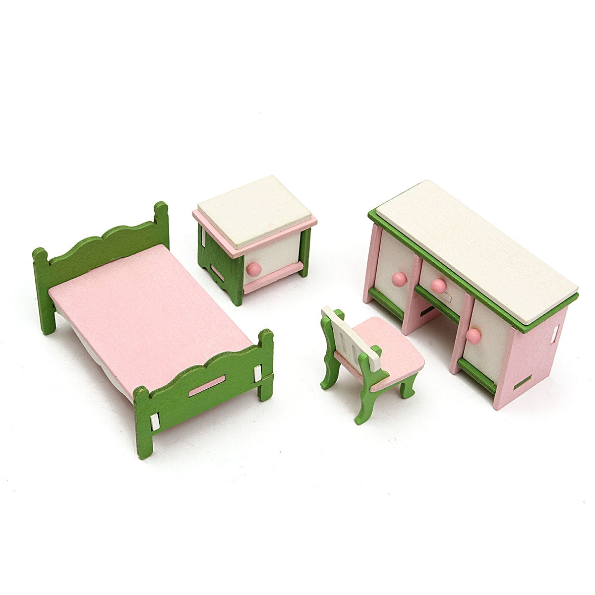 Wooden Doll House Miniature Bedroom Furniture Set Kids Children Role Play 