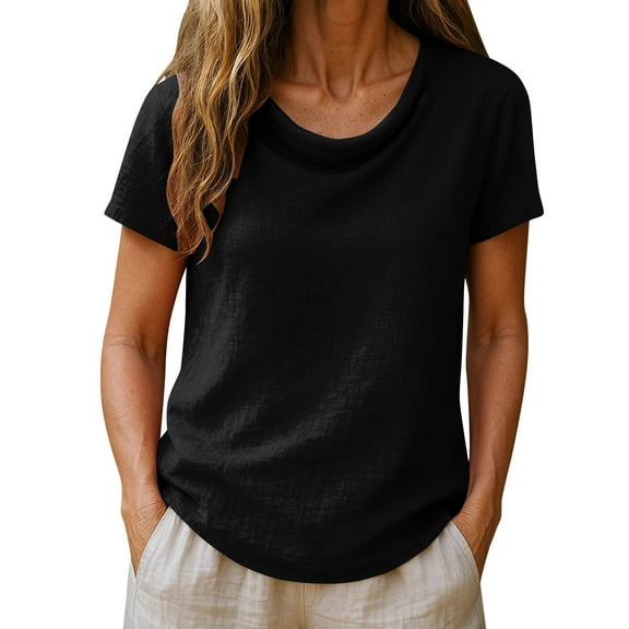 Olyvenn Cotton Linen T-Shirts for Women Summer Tops - Loose Short Sleeve Crew Neck Basic Casual Business Work Office Blouse Black M