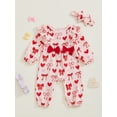 thumbnail image 3 of Newborn Baby Girl Valentines Day Outfit Bow Heart Ruffle Cotton Linen Jumpsuit  Long Sleeve Romper Playsuit with Headband, 3 of 8