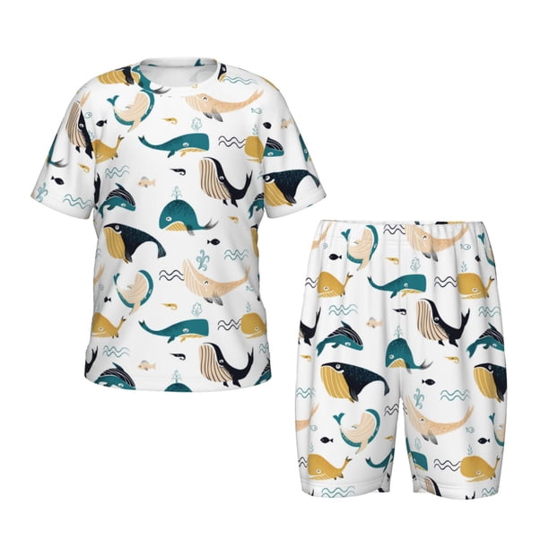 Balery Cute Whale Conjunto de Pijama Infantil de Manga Corta con Estampado – Ropa de Dormir de Algodón Suave-X-Large