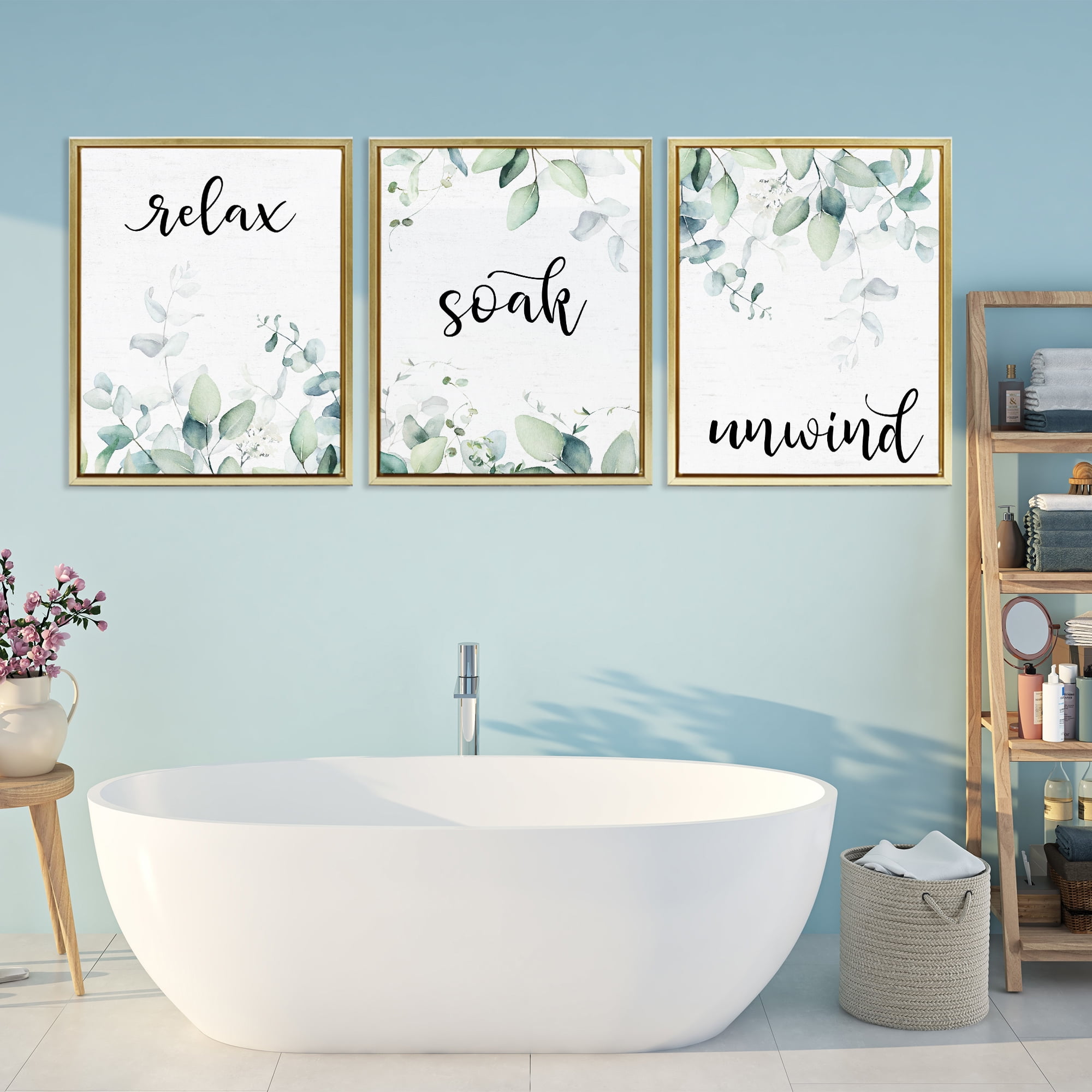 Leafy Bathroom Herbs 3 Piece Gold Framed Floater Canvas Set, design by Lettered and Lined