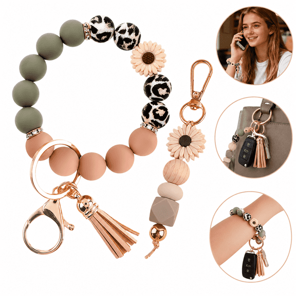2PCS Silicone Beaded Bangle Keychain Wristlet Set, Cute Portable Car Key Chain Ring Accessories, Fashion Keychains for Women and Girls